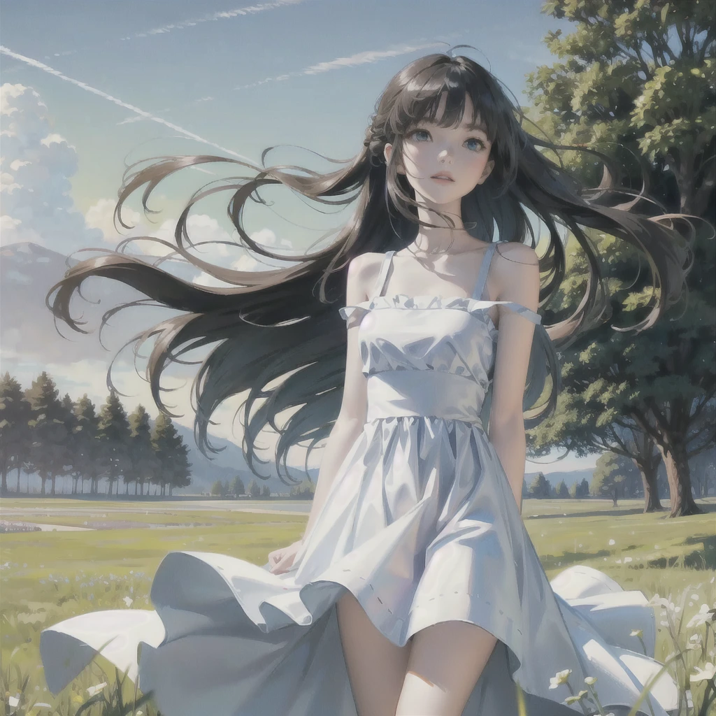 meadow, blue sky, white cumulonimbus, contrails, shining sun, meadow grass swaying in the wind, photo quality, live action, reality, transparency, realistic depiction, 8K quality, UHD, DSLR, high quality, film grain, fujifilm XT3, girl in white camisole dress, standing figure, barefoot, hair swaying in the wind, hair up to shoulders, big, big eyes,