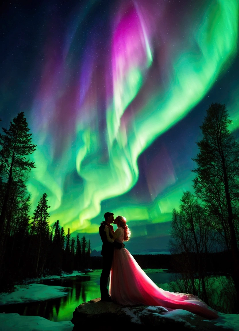 a bride and groom standing on a rock under the aurora lights, magical colours and atmosphere, with aurora borealis in the sky, very magical and dreamy, stunning atmosphere, aurora borealis, epic stunning atmosphere, stunning photoshot, magical colors and atmosphere, northern lights, aurora in the sky, ❤🔥🍄🌪, by Anato Finnstark, gorgeous atmosphere