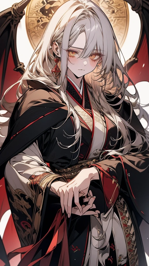 (Top resolution、Distinct_image)top-quality、A dragon girl 、masterpiece、highly detailed, half body, Semi-realistic、yellow eyes 、18year old, silver hair,young 、Exquisite facial features、Facial features ,variation potrait, long hairstyles, age, cool , cold sharp eyes, An expression of anxiety., lifeless eyes, blood on face, , {Very detailed 8k CG unit wallpaper}, Handsome, solo, female, vampires, dark cloak , loyalty ,Japanese kimono, have dragon horns, detailed eyes, beautiful eyes