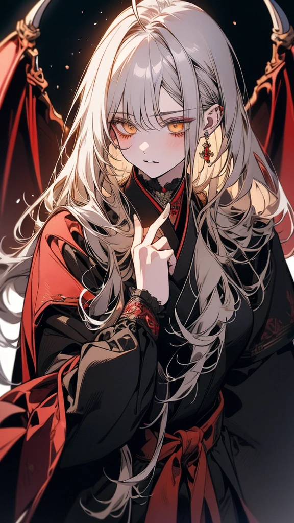 (Top resolution、Distinct_image)top-quality、A dragon girl 、masterpiece、highly detailed, half body, Semi-realistic、yellow eyes 、18year old, silver hair,young 、Exquisite facial features、Facial features ,variation potrait, long hairstyles, age, cool , cold sharp eyes, An expression of anxiety., lifeless eyes, blood on face, , {Very detailed 8k CG unit wallpaper}, Handsome, solo, female, vampires, dark cloak , loyalty ,Japanese kimono, have dragon horns, detailed eyes, beautiful eyes