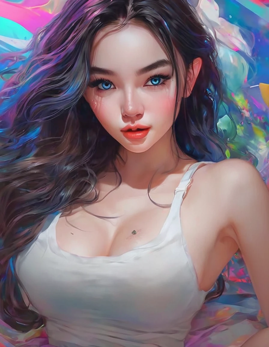 ((ultra detailed)),((Bright eyes)), (Detailed eyes) , 8k, blink blink, (The Little Faux Freckles Makeupgirl), ((realistic skin)), ((focus detailed 2 straps on the shoulders of dress)) , ((shiny facial skin)), with colorful hair and a colorful dress, rossdraws pastel vibrant, rossdraws cartoon vibrant, style anime 8k, beautiful portrait, artgerm colorful!!!, ! dream artgerm, beautiful THSI girl, styled digital art, art wallpaper 8k, digital art, extremely detailed artgerm,