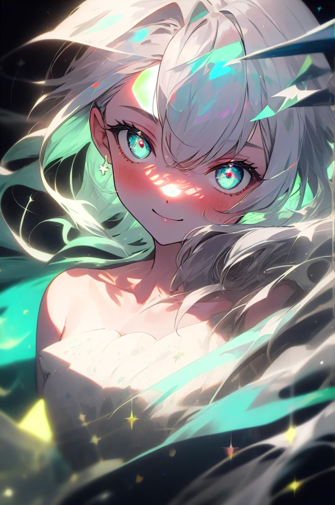 (masterpiece, best quality), hyperdetailed, clean lines, one girl,15 years old, blush, ash_hair, (silver_hair:1.3), thin hair clip, cyan colorshift eyes, expressive eyes, collarbone, smile, night, stars, green princess dress, wariza