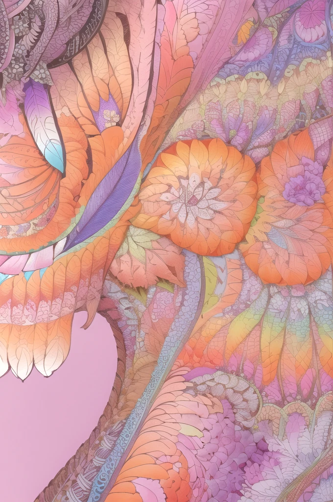 (1girl, solo, from side), extremely detailed, (abstract background, zentangle, fractal art:1.3), (many colors, colorful:1.1), (feathers, petals, flowers:1.3), dynamic pose, earrings 