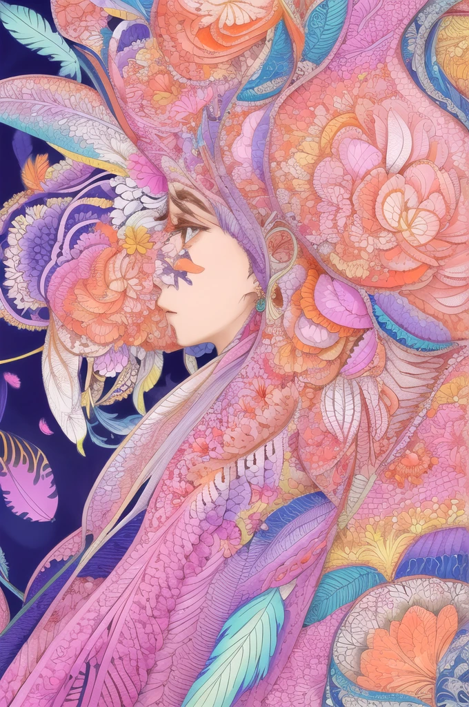 (1girl, solo, from side), extremely detailed, (abstract background, zentangle, fractal art:1.3), (many colors, colorful:1.1), (feathers, petals, flowers:1.3), dynamic pose, earrings 