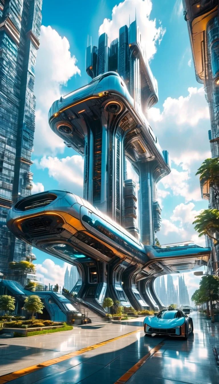 (high quality,Masterpiece,Extremely detailed,3d,8k:1.2) ,There is a futuristic alien city,Countless high-tech design buildings,Sunny sidewalk,Suspension car,Aircraft,Surreal,A high-tech building towering in the clouds