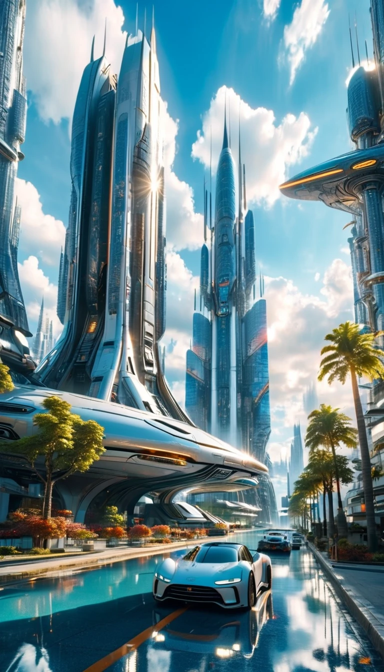 (high quality,Masterpiece,Extremely detailed,3d,8k:1.2) ,There is a futuristic alien city,Countless high-tech design buildings,Sunny sidewalk,Suspension car,Aircraft,Surreal,A high-tech building towering in the clouds