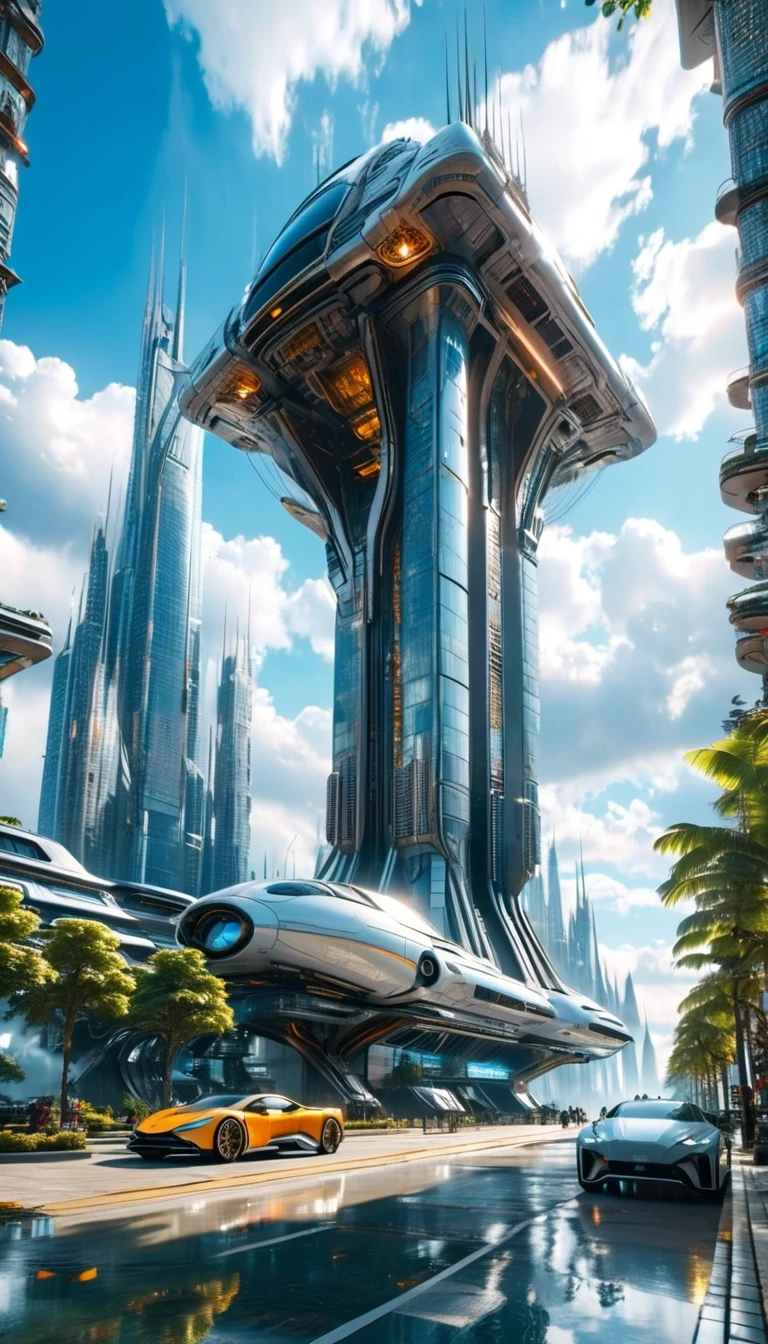 (high quality，Masterpiece，Extremely detailed，3d，8k:1.2) ，There is a futuristic alien city，Countless high-tech design buildings，Sunny sidewalk，Suspension car，Aircraft，Surreal，A high-tech building towering in the clouds