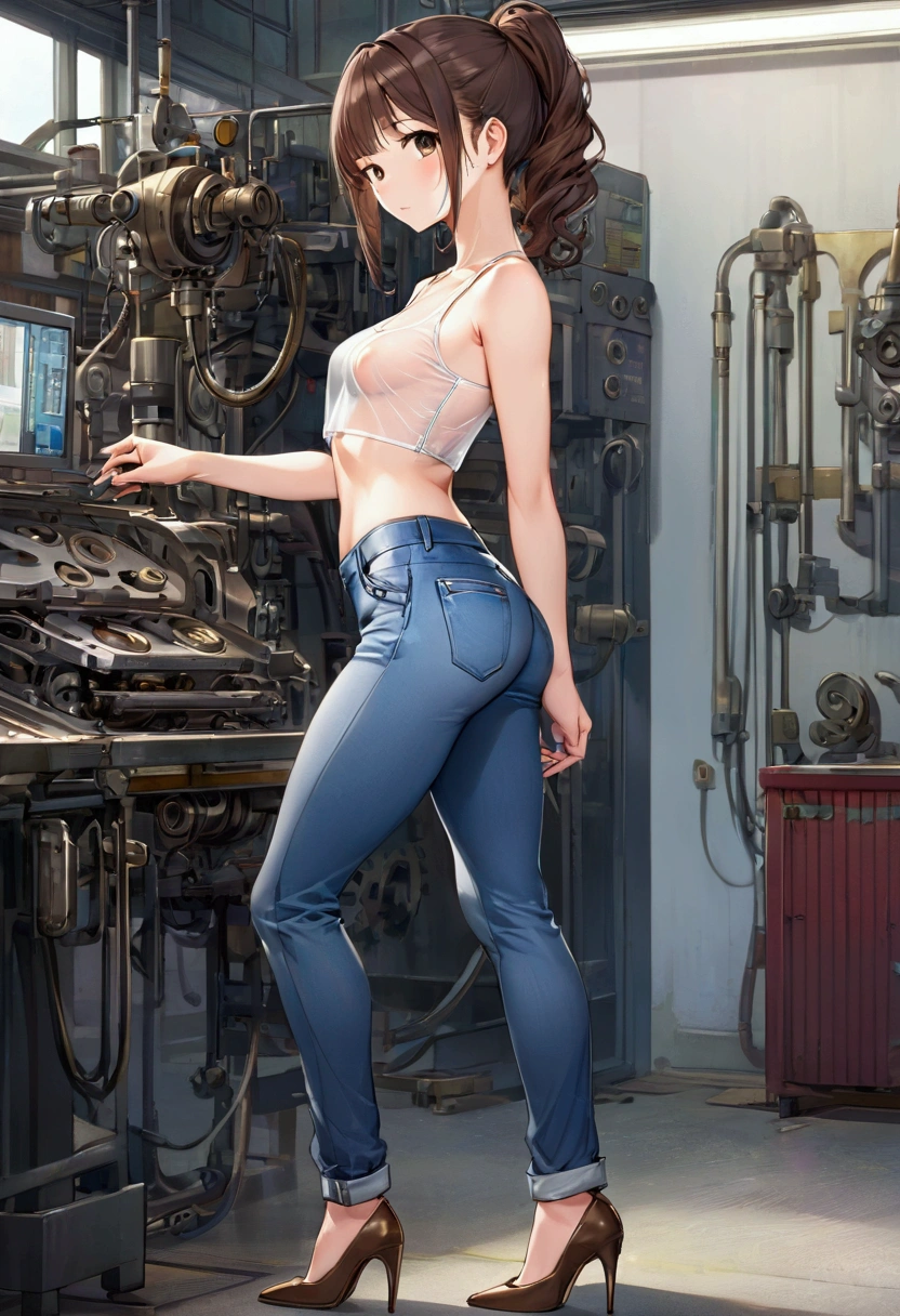 Kizi, age 25, wearing slightly transparent white crop top, posing for the camera, from sideways, looking at observer. erect nippleslips, medium breasts , jeans skinny, tight, open zipper, pants down, showing pubic hair.well shaped ass, Longhaire, brown, high-heels. Background machine shop.