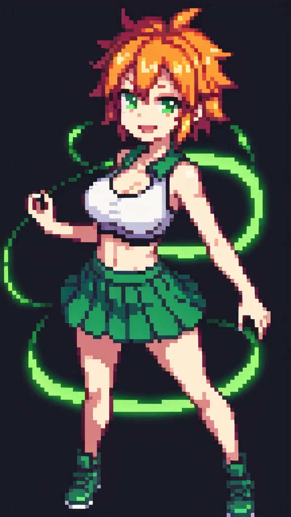 sexy, white skin, anime woman, happy, glowing green eyes, extremely short glowing orange hair, wearing a up skirt, full body