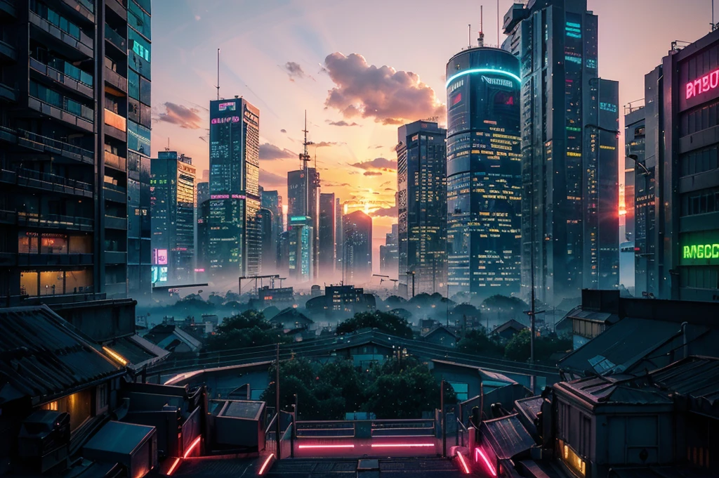 create a background image that conveys the appearance of a cyberpunk city, with vivid neon colors and blue LED, Pink, Unripe, warm colours, along with a sunset, view from an apartment