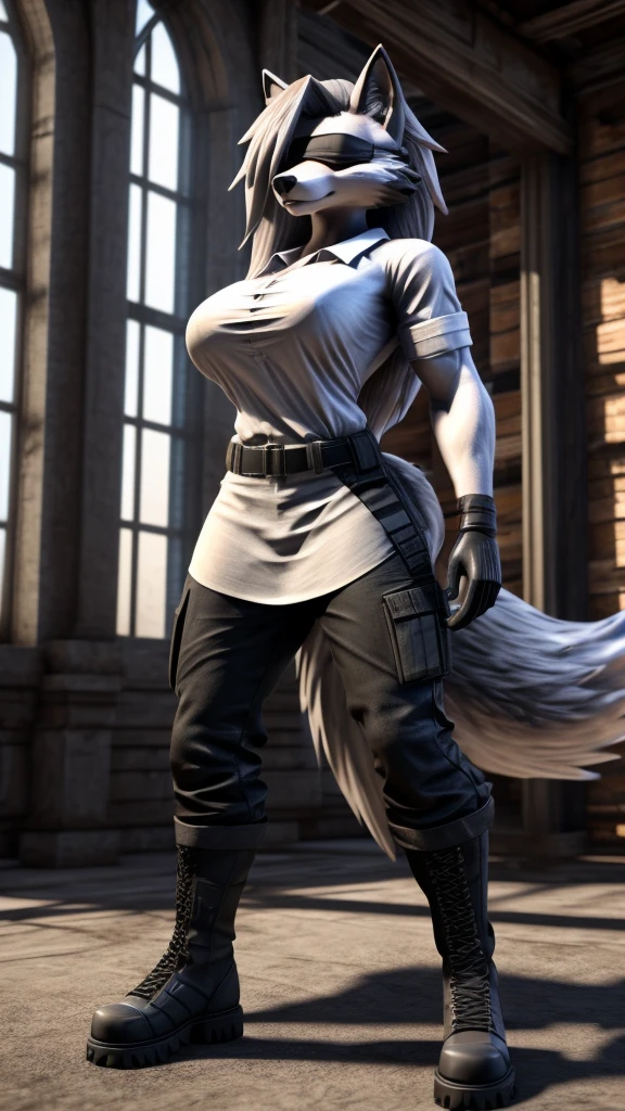 Loona from Helluva Boss, female wolf, anthro, mature adult, white soft hair, blindfolded with white cloth, tall, muscular, white shirt, black cargo pants, black boots, black tactical gloves, solo, beautiful, high quality, 3D, Unreal Engine 5, full body, 4K