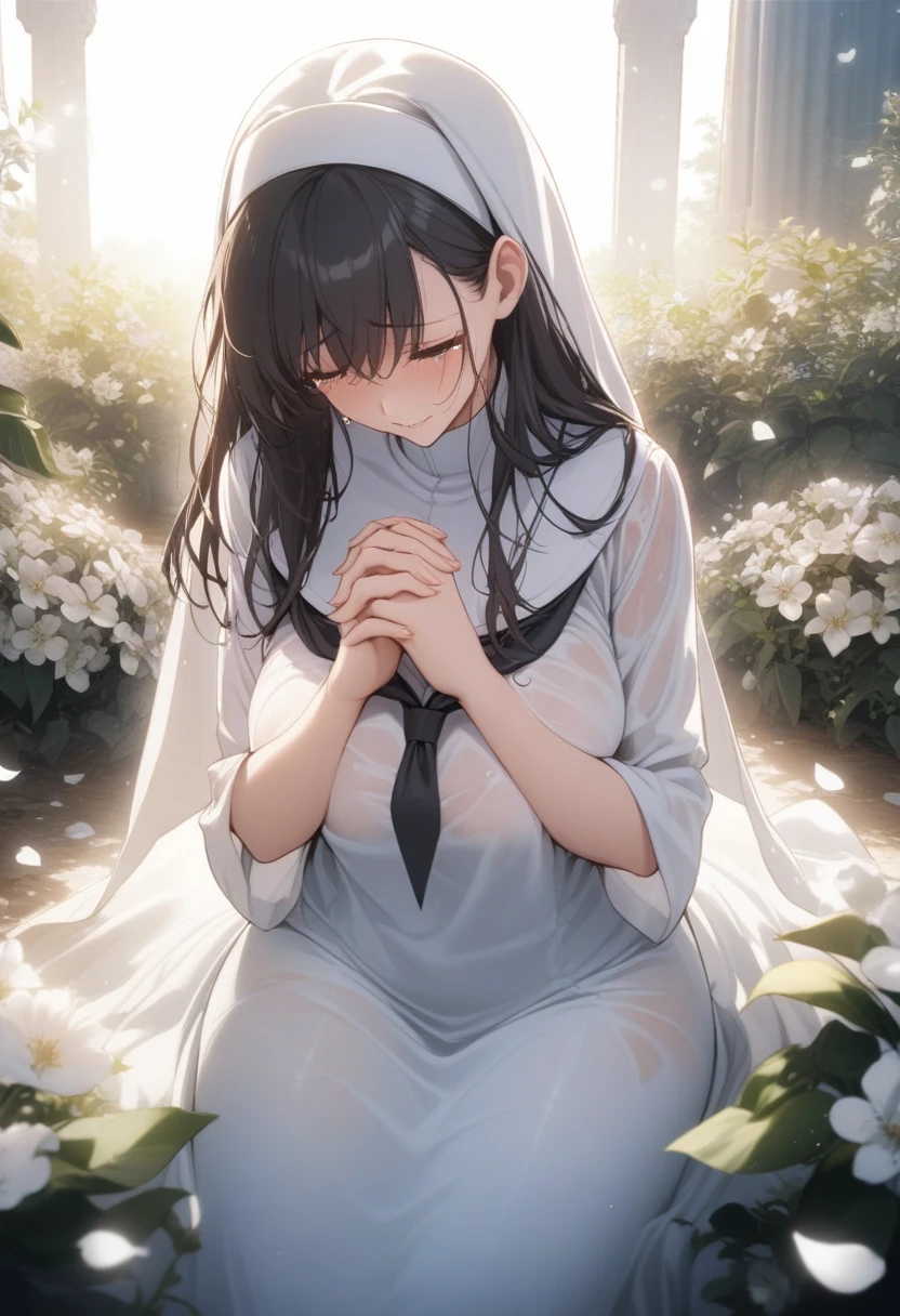 masterpiece, best quality, very aesthetic, absurdres, 1girl, mature_lady,nun_clothes,black_and_white_clothes, nun_headcovering crucifix, praying, interlocked fingers,closed_eyes,tears_in_eyes, head down,holy_light ,bathed in divine light,,akebi_komichi, akebi-chan_no_serafuku, 1girl, black_hair, long_hair, hair_behind_ear,,in garden,surrounding by flowers,falling_petals, petals,,wet_clothes