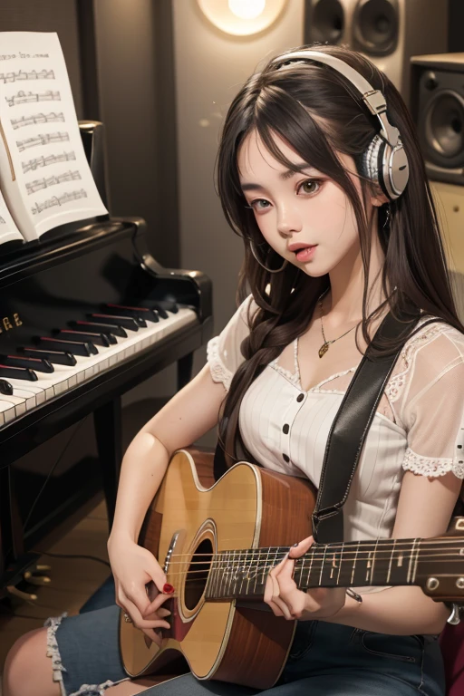 Cute girl with piano and hot boy with guitar sitting in music studio for singing.