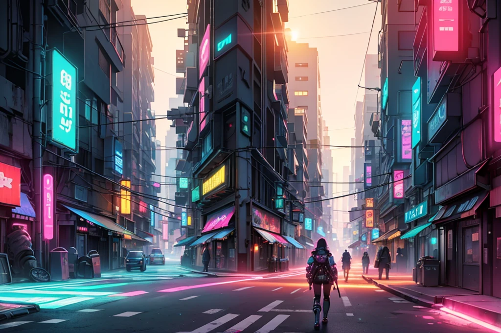 create a background image that conveys the appearance of a cyberpunk city, with vivid neon colors and blue LED, Pink, Unripe, warm colours, along with a sunset, view from an apartment