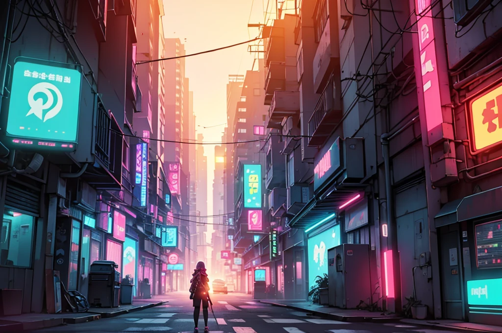 create a background image that conveys the appearance of a cyberpunk city, with vivid neon colors and blue LED, Pink, Unripe, warm colours, along with a sunset, view from an apartment