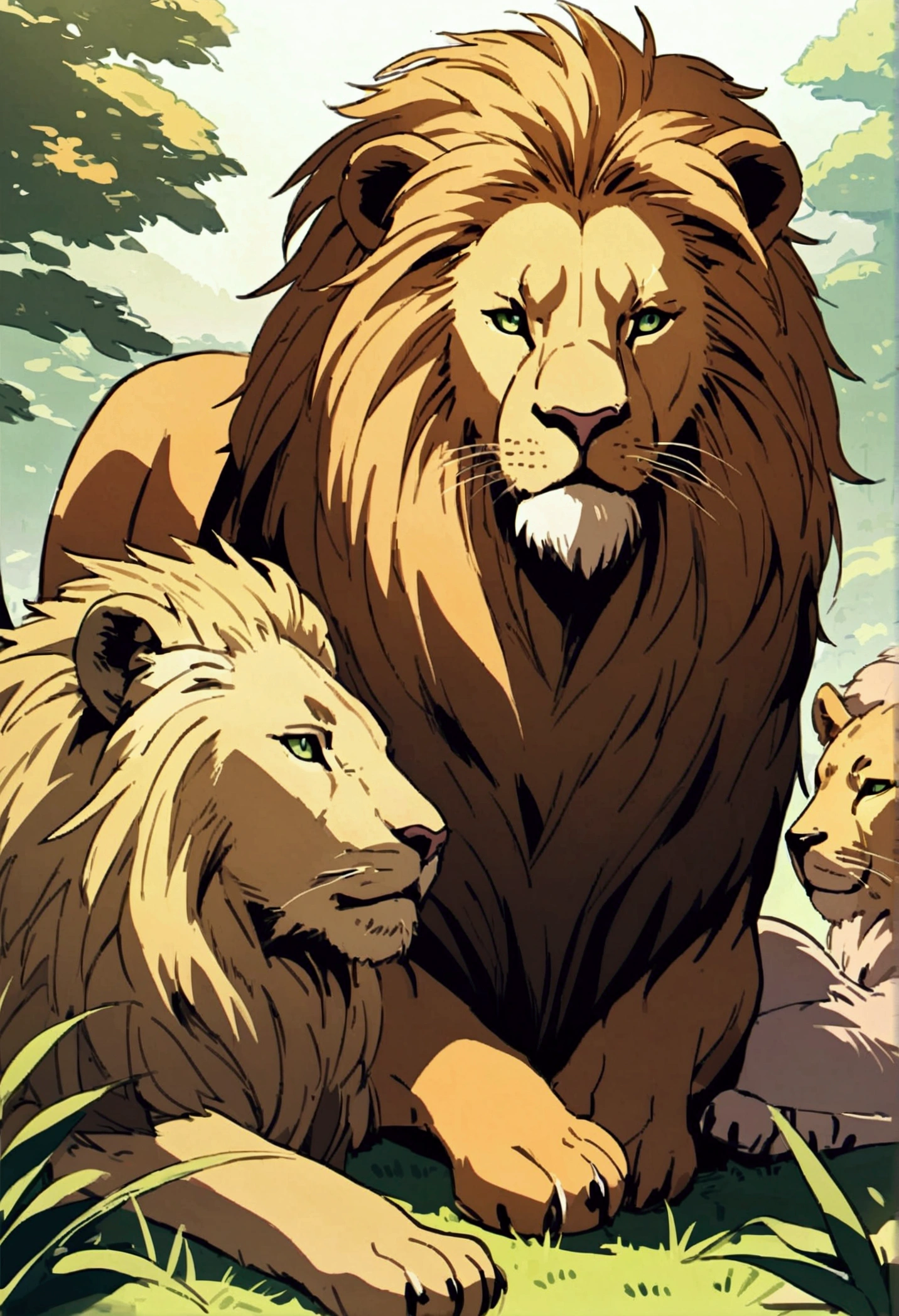 Detailed anime drawing of a sitting lion, And the green eye runs through the meadow by itself, smile, some animals sitting behind,