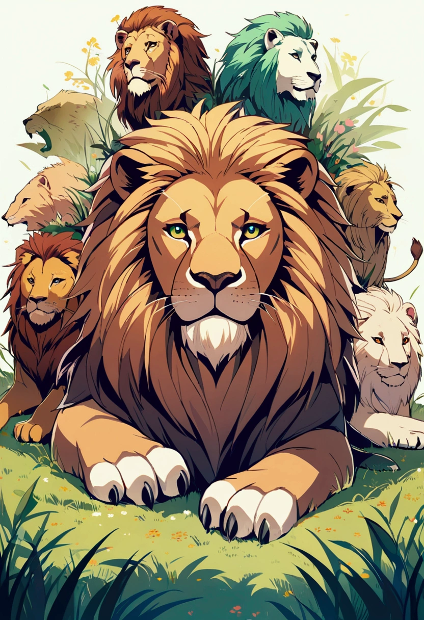 Detailed anime drawing of a sitting lion, And the green eye runs through the meadow by itself, smile, some animals sitting behind,