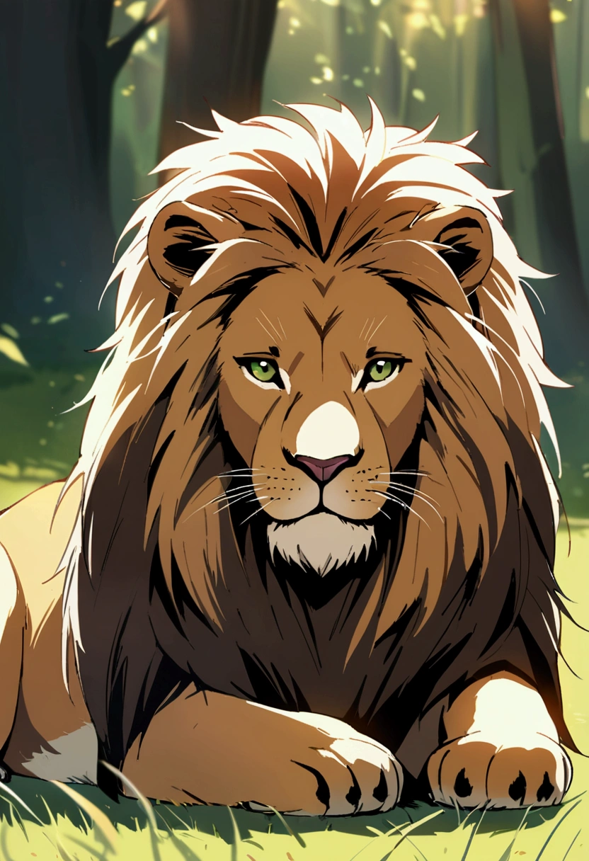 Detailed anime drawing of a sitting lion, And the green eye runs through the meadow by itself, smile, some animals sitting behind,