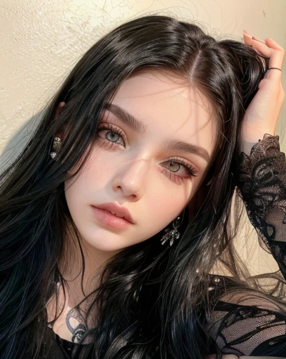 curvy woman with black hair and piercings sitting against a wall, with long hair and piercing eyes, 1 7 year old goth girl, dark piercing eyes, 18 years old, pale gothic beauty, black hair and big eyes, piercing de septo, Retrato Sophie Mudd, Piercing no nariz, piercing look, olhos castanhos brilhantes e penetrantes, frank lily