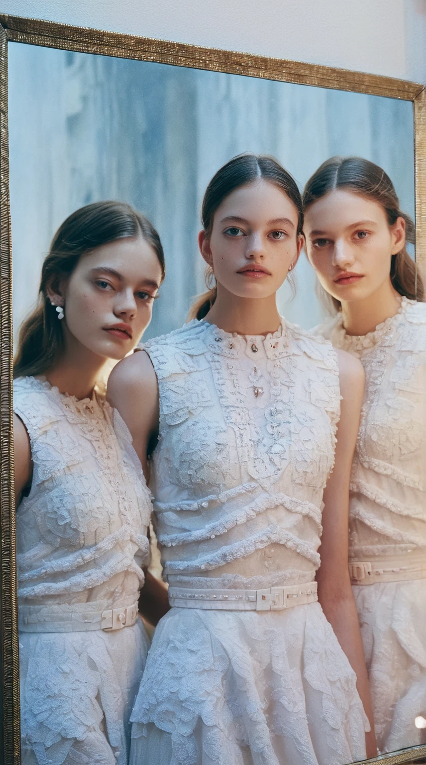 three women in white dresses stand in front of a mirror, official valentino editorial, soft ethereal lighting, dior campaign, official dior editorial, a still of an ethereal, 3 sisters look into the mirror, by Emma Andijewska, in style of petra collins, by Raphaël Collin, angels in white gauze dresses, david hamilton, editorial of dior magazine