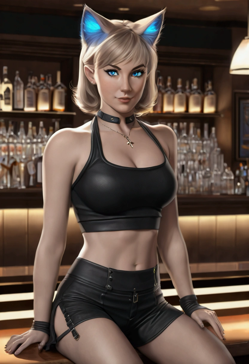 best quality, (masterpiece:1.2), detailed, medieval,
Rumia Tingel,
1girl, solo, ((blush)),
medium hair, blonde hair, short ponytail, blue eyes, green bow, x hair ornament,
((( blue eyes, ultra-detailed eyes))),
Dynamic pose, ((blush)), medium breasts,  medium hair,  background, perfect anatomy, healthy skin,  glowing eyes, cat ears. ((((sitting in a bar)))). (((((Casual clothes, navel, healthy skin))))),  confident. (((Dominatrix, authority, merciless)))