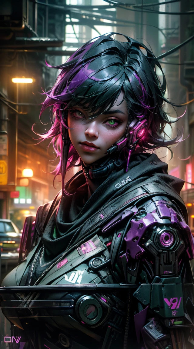 Femmes loups , guapo, green and purple color,Liquid,sidelight ,neon,(( cyberpunk )),((8k, uhd, ultra realistic))