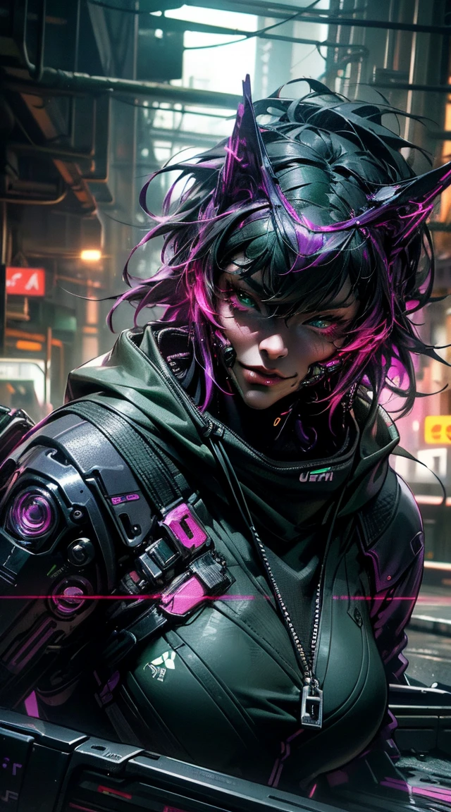 Femmes loups , guapo, green and purple color,Liquid,sidelight ,neon,(( cyberpunk )),((8k, uhd, ultra realistic))