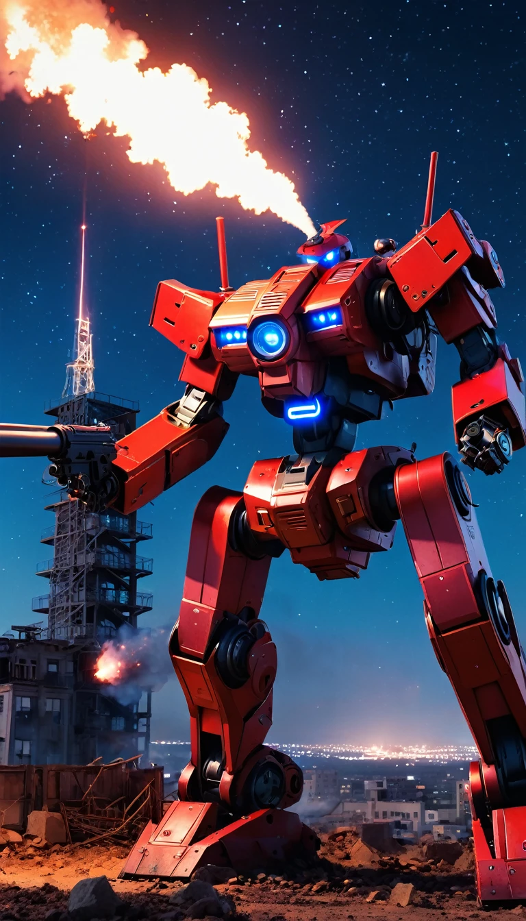 ultra realistic, ultra detail,mech bot, coffee, red light, mechanical bot, blue, collapse building, shoot, gun, smoke, flare, night view, starrynight, star, meteor, ultra realistic background, aesthetic, scenery, bot wit lh text written " zanki "
