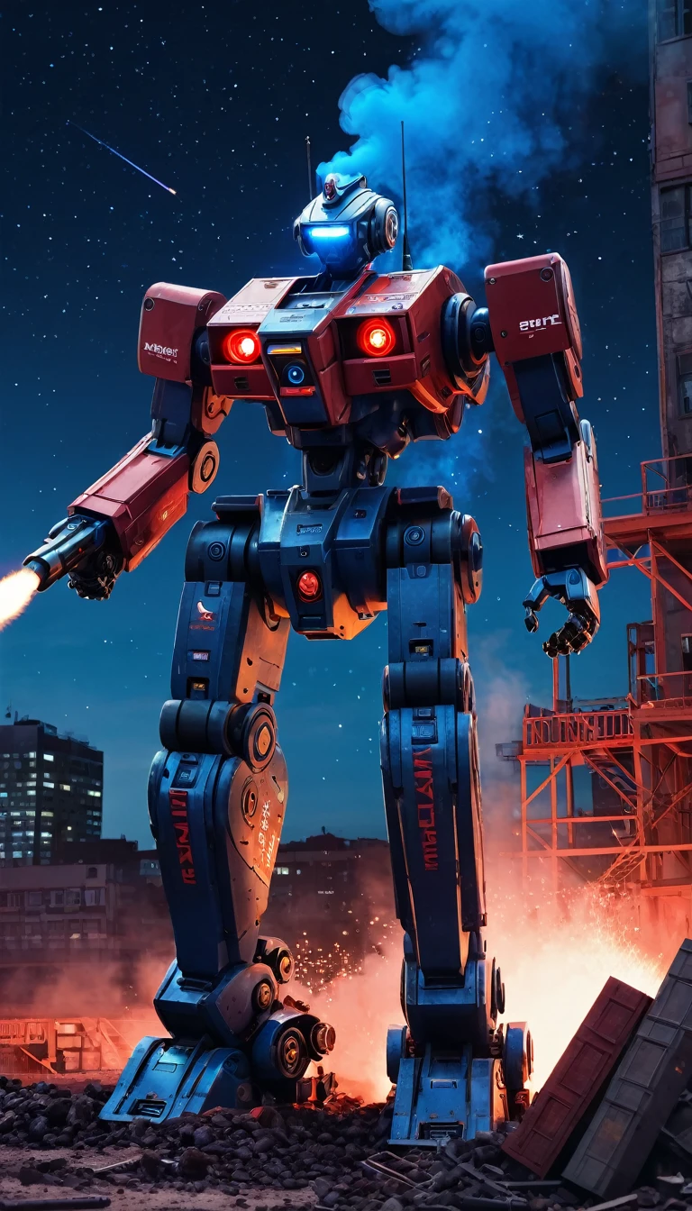 ultra realistic, ultra detail,mech bot, coffee, red light, mechanical bot, blue, collapse building, shoot, gun, smoke, flare, night view, starrynight, star, meteor, ultra realistic background, aesthetic, scenery, bot wit lh text written " zanki "