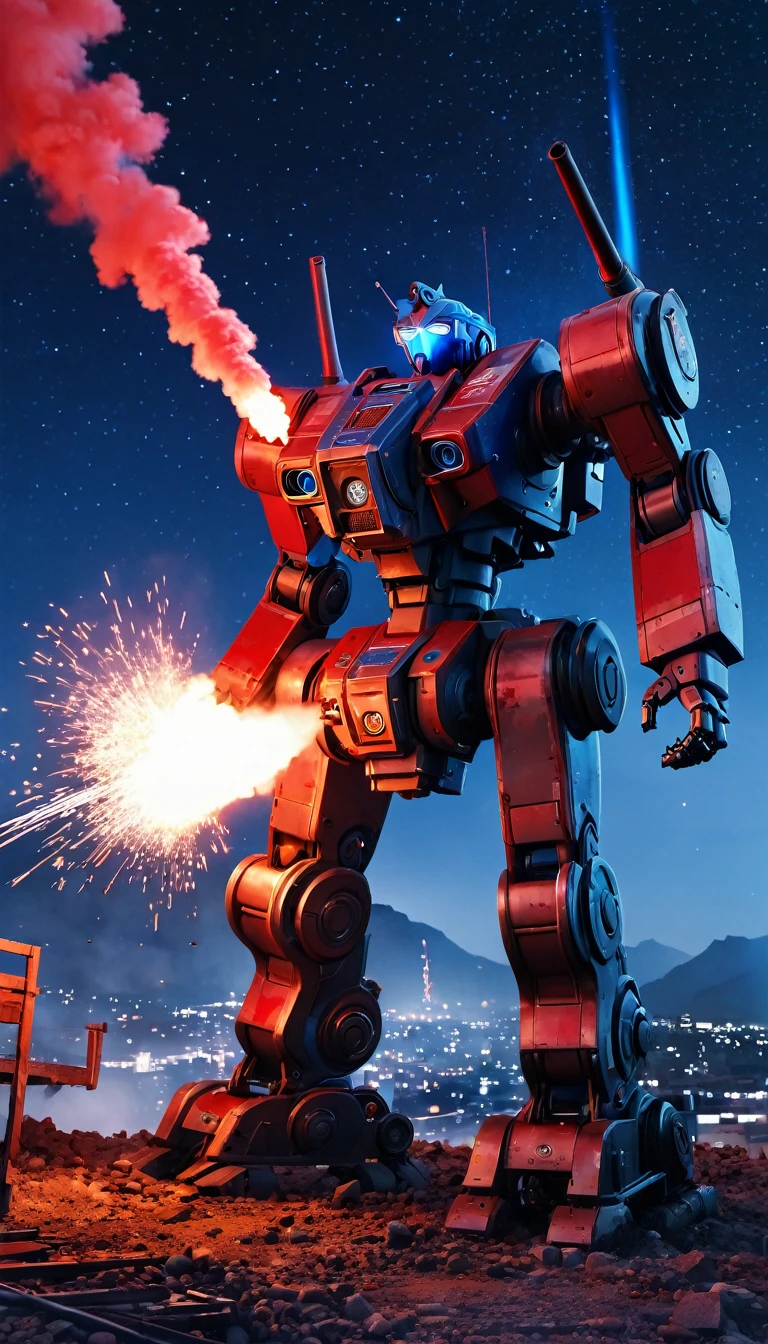 ultra realistic, ultra detail,mech bot, coffee, red light, mechanical bot, blue, collapse building, shoot, gun, smoke, flare, night view, starrynight, star, meteor, ultra realistic background, aesthetic, scenery, bot wit lh text written " zanki "