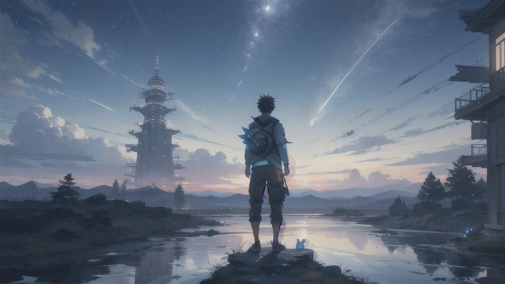 真っ暗なnight空,Octane, star (null), scenery, Blue parakeet,The acoustic guitar is in front of the body.,star, night, A girl and a boy standing back to back, Back view, alone, Outdoor, city,river,Blue parakeet,building, cloud, 天のriver,silhouette