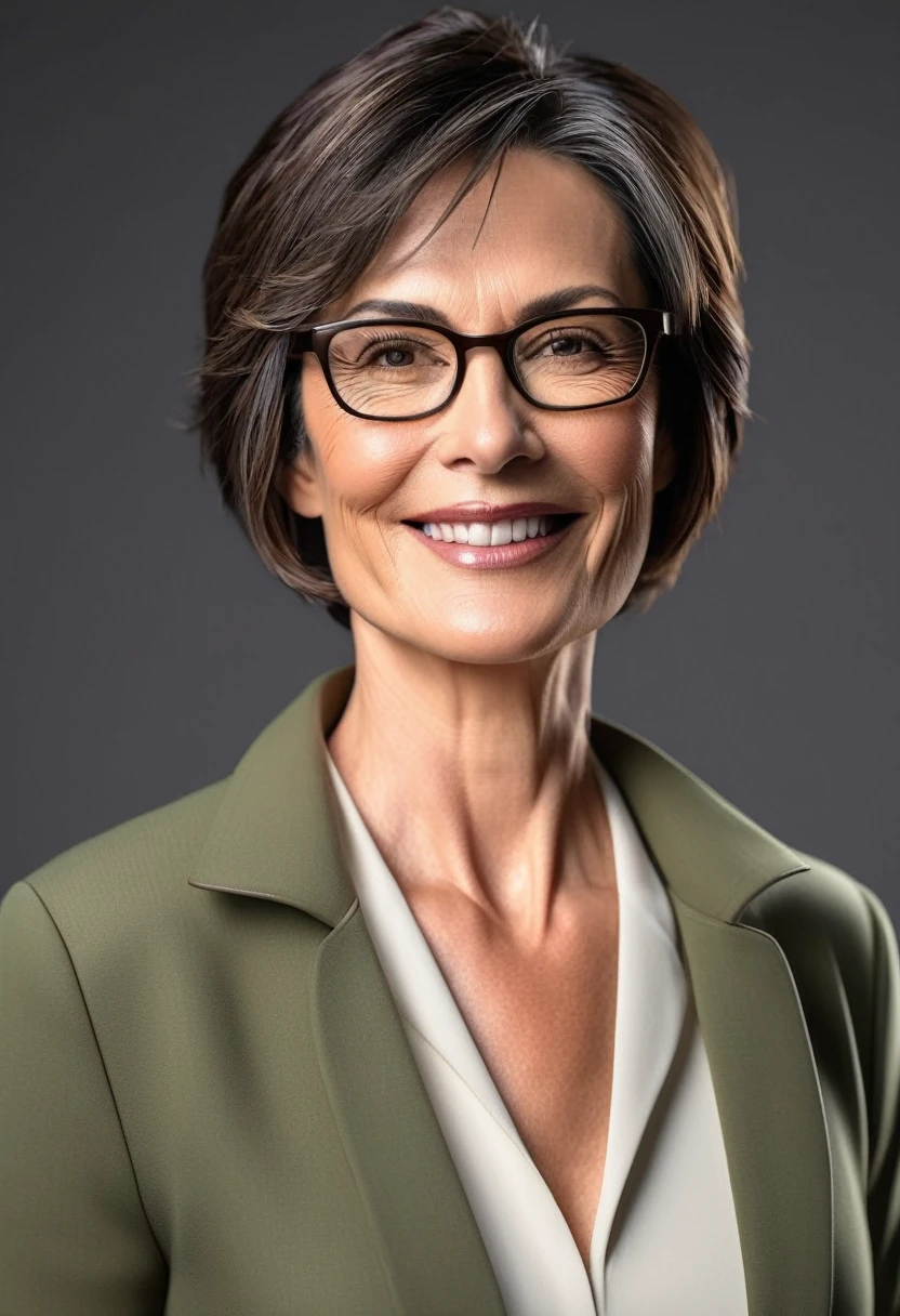 1 adult woman 50 years old, Full Build, short hair, dark hair color, Smooth skin, gray-green eyes, spectacled, smiling, random, Business woman style clothing, Light brown jacket, realist, with experience working in a fashion restaurant, 8k super realist, super detalhado e realist