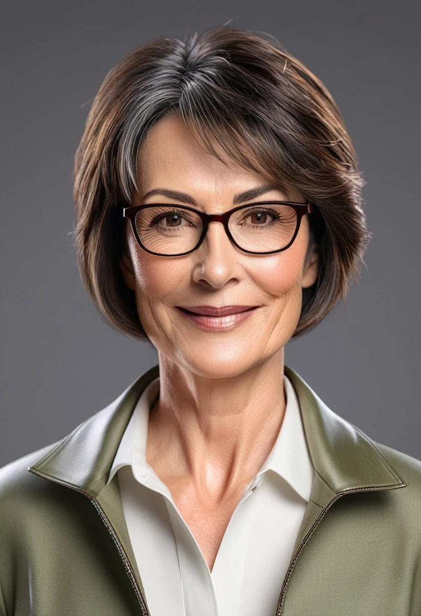 1 adult woman 50 years old, Full Build, short hair, dark hair color, Smooth skin, gray-green eyes, spectacled, smiling, random, Business woman style clothing, Light brown jacket, realist, with experience working in a fashion restaurant, 8k super realist, super detalhado e realist