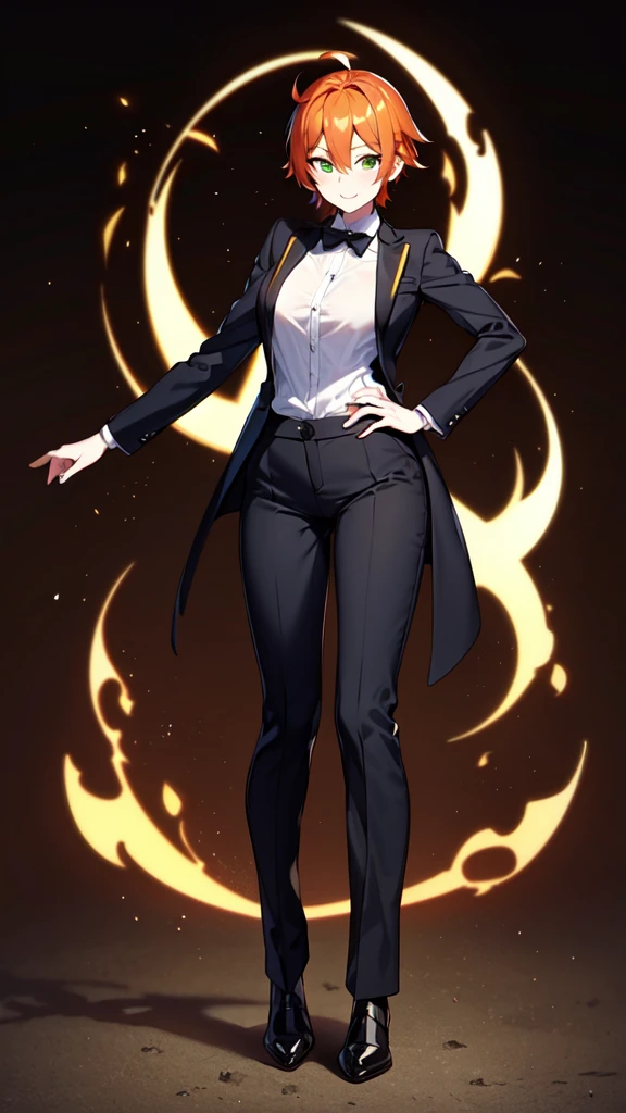 
sexy, white skin, anime woman, happy, glowing green eyes, extremely short glowing orange hair, wearing a suit, full body