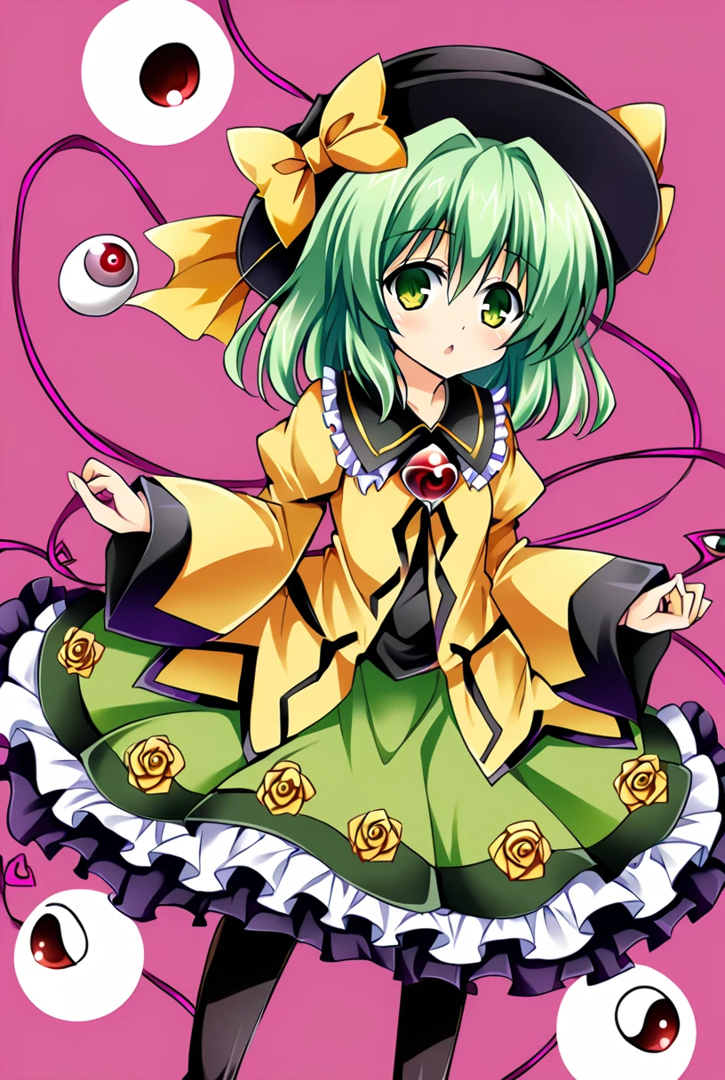 1girl, komeiji koishi (touhou), green eyes, medium hair, green hair, grey hair, wavy hair, third eye, eyeball, black hat, collared shirt, yellow shirt, frilled shirt collar, diamond button, long sleeves, frilled sleeves, wide sleeves, green skirt, frilled skirt, floral print, rose print, black footwear, boots, heart, heart of string, hat ribbon, yellow ribbon, hat bow, yellow bow,