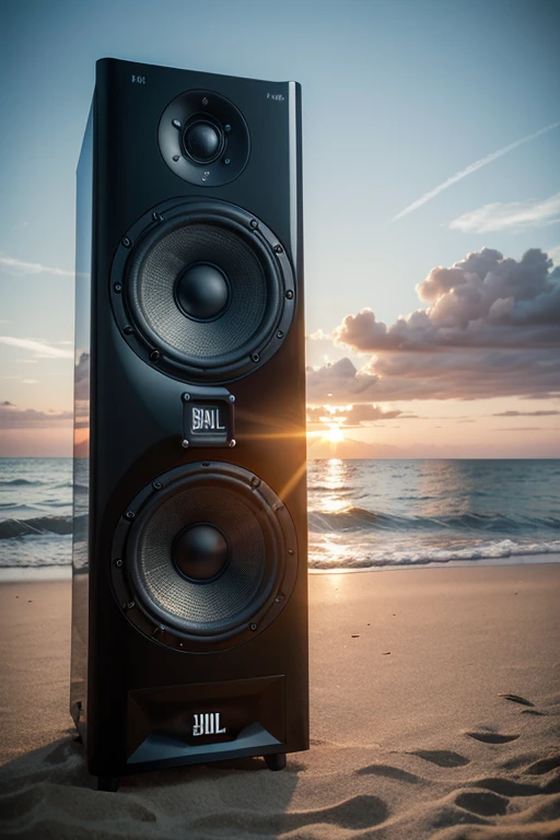 A speaker, from the brand JBL, Xtreme, On the beach in a sunset