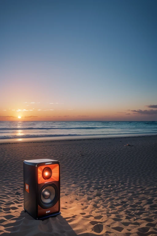 A speaker, from the brand JBL, Xtreme, On the beach in a sunset