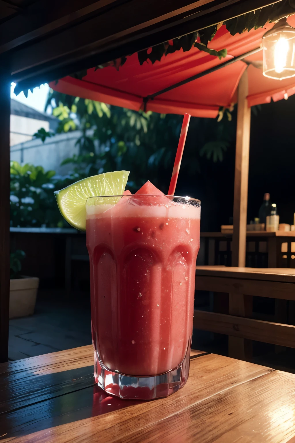 Product Image for international sale: a glass of watermelon juice under a table with a well-lit background with red and antagonistic colors