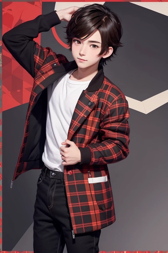 Make a cute anime boy wearing a red plaid jacket with black brown hair and with an animated pokemon background skin