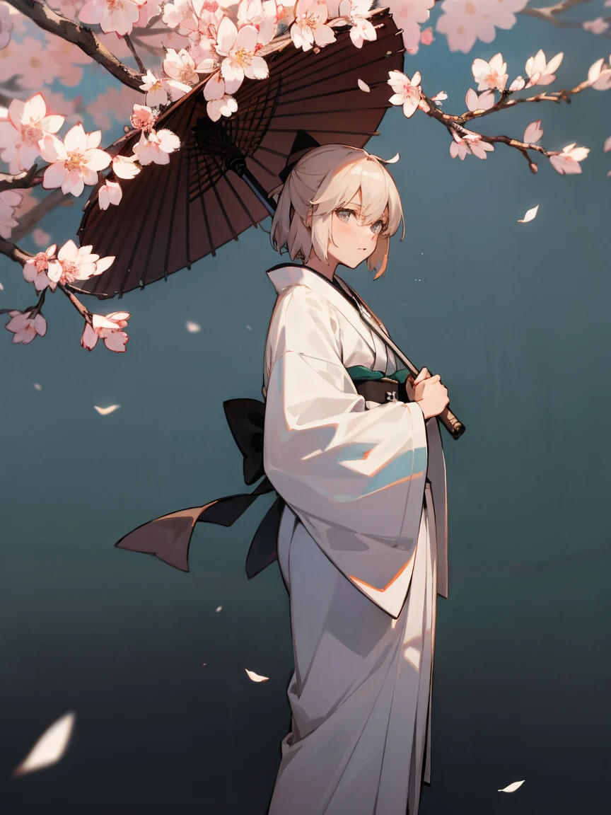 {Extremely detailed 8K wallpaper}, {Masterpiece}, {Best Quality},Alone,full body shot,Okita Souji,short hair, kimono,Haori Cerezo, cherry tree