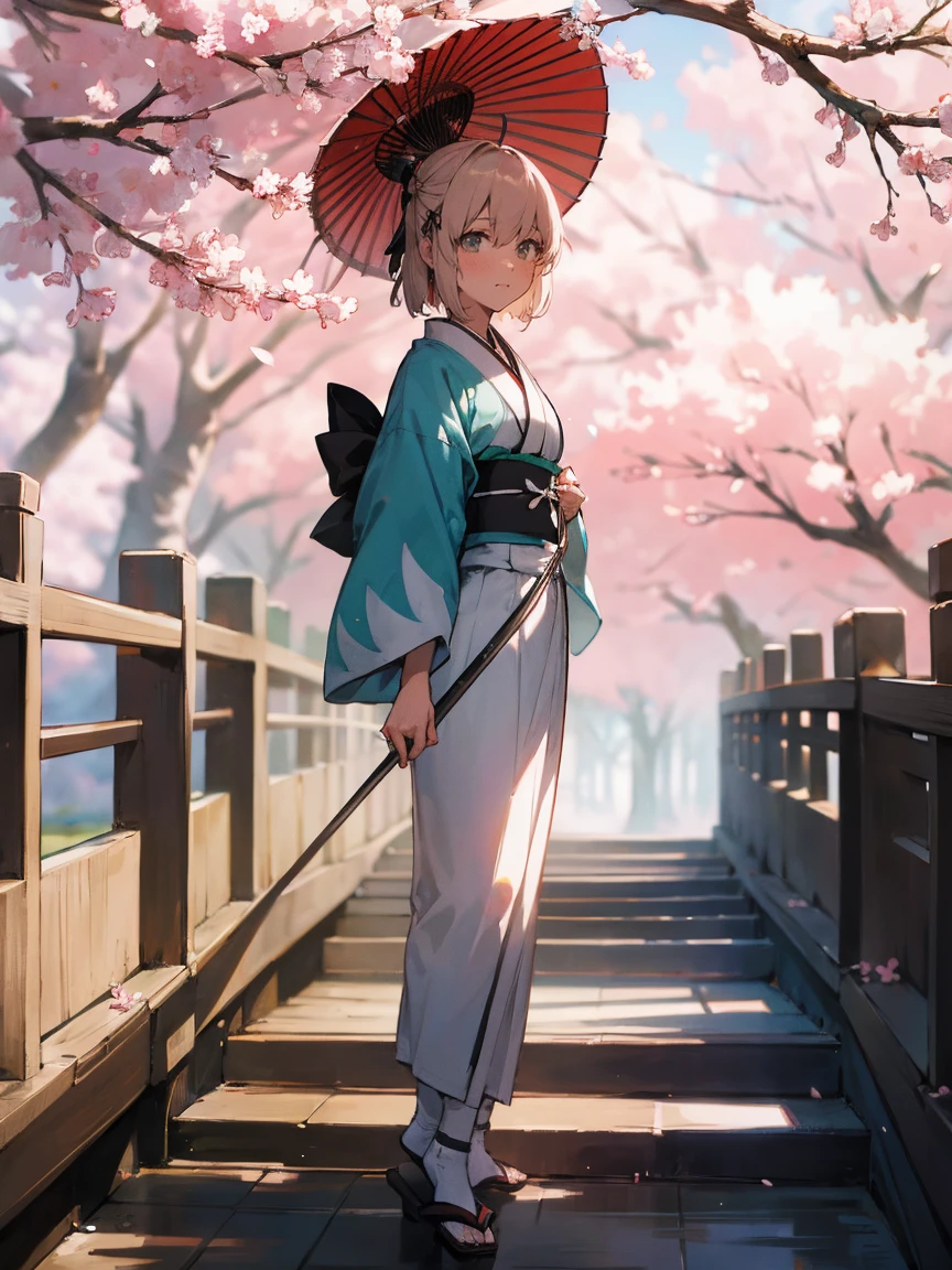 {Extremely detailed 8K wallpaper}, {Masterpiece}, {Best Quality},Alone,full body shot,Okita Souji,short hair, kimono,Haori Cerezo, cherry tree