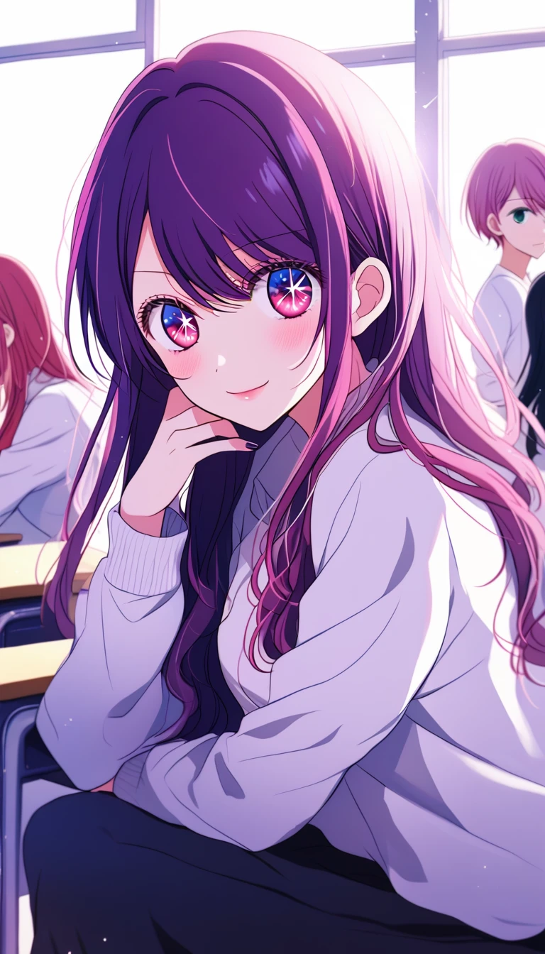 1 girl, midnight purple long hair, eyes of golden light, sit in class, white modern , cheered up, Ai Hoshino, oshi no ko