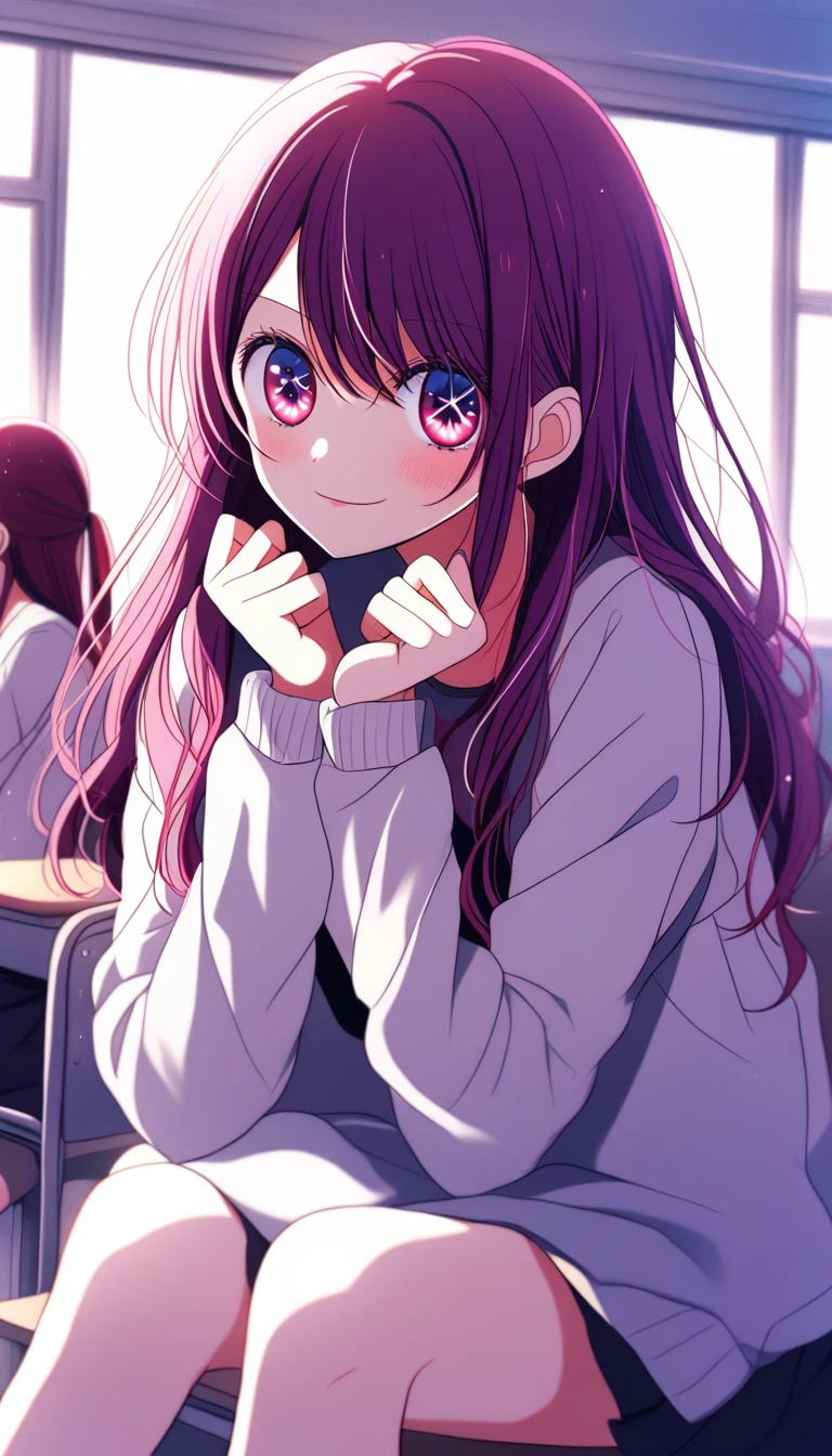 1 girl, midnight purple long hair, eyes of golden light, sit in class, white modern , cheered up, Ai Hoshino, oshi no ko