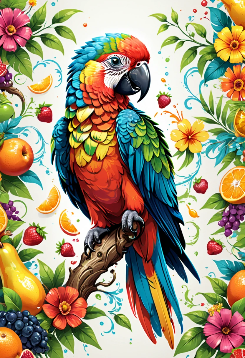  T-shirt designs, vectorial art, colorful illustration of a parrot, At the center, swirly vibrant colors, flowers, fruits, high détail, background branco. T-shirt designs, 
(work of art, best qualityer, proffesional, perfect composition, very aesthetic, absurdrez, super verbose, details Intricate:1.3)
