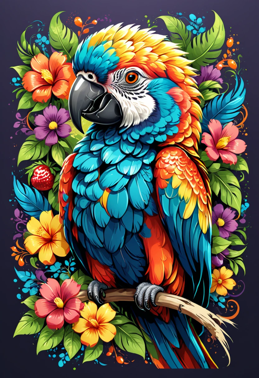  T-shirt designs, vectorial art, colorful illustration of a parrot, At the center, swirly vibrant colors, flowers, fruits, high détail, background branco. T-shirt designs, 
(work of art, best qualityer, proffesional, perfect composition, very aesthetic, absurdrez, super verbose, details Intricate:1.3)