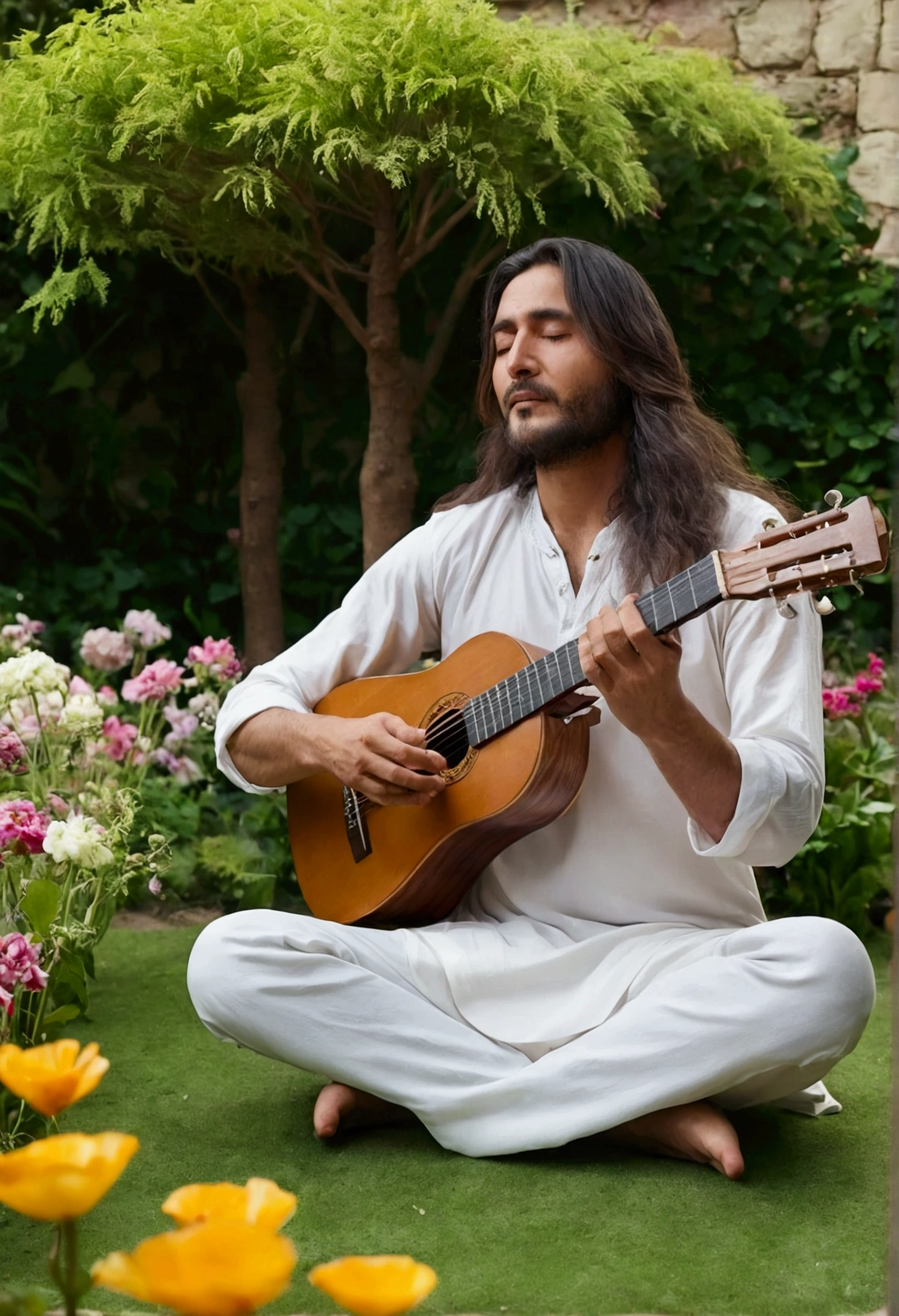 A man with long hair wearing a plain white shirt plays Oud in the middle of a garden full of beautiful flowers