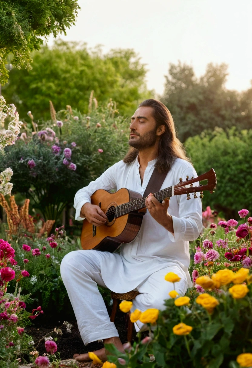 A man with long hair wearing a plain white shirt plays Oud in the middle of a garden full of beautiful flowers