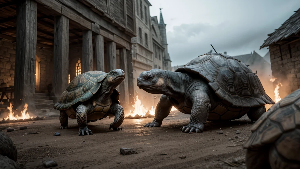 angry wild tortoise fighting medieval barbarians