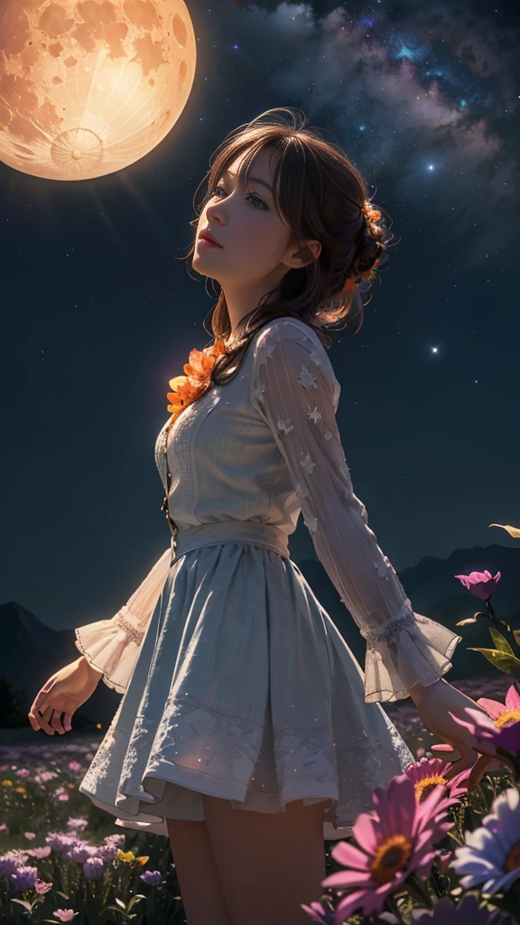 Expansive landscape photography，（a bottom view showing the sky above and open country below），a girl standing in a field of flowers looking up，（moon full：1.4），（Meteors：0.9），（Starcloud：1.3），mountain in the distance，tree-breaking production art，（Warm light source：1.2），（glowworm：1.2），lamp lights，Lots of purple and orange，Complicated details，Volumetriclighting，BREAK realism（tmasterpiece： 1.2） ， （best qualtiy）， 4K， ultra - detailed， （Dynamic synthesis： 1.4）， highly  detailed， Colorful detailed， （Irridescent color： 1.2）， （Bright lighting， Atmospheric lighting）， dream magical， magic， （solo： 1.2）
