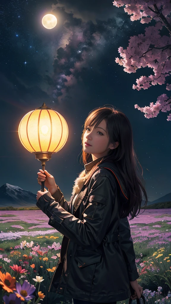 Expansive landscape photography,(a bottom view showing the sky above and open country below),a girl standing in a field of flowers looking up,(moon full:1.4),(Meteors:0.9),(Starcloud:1.3),mountain in the distance,tree-breaking production art,(Warm light source:1.2),(glowworm:1.2),lamp lights,Lots of purple and orange,Complicated details,Volumetriclighting,BREAK realism(tmasterpiece: 1.2) , (best qualtiy), 4K, ultra - detailed, (Dynamic synthesis: 1.4), highly detailed, Colorful detailed, (Irridescent color: 1.2), (Bright lighting, Atmospheric lighting), dream magical, magic, (solo: 1.2)